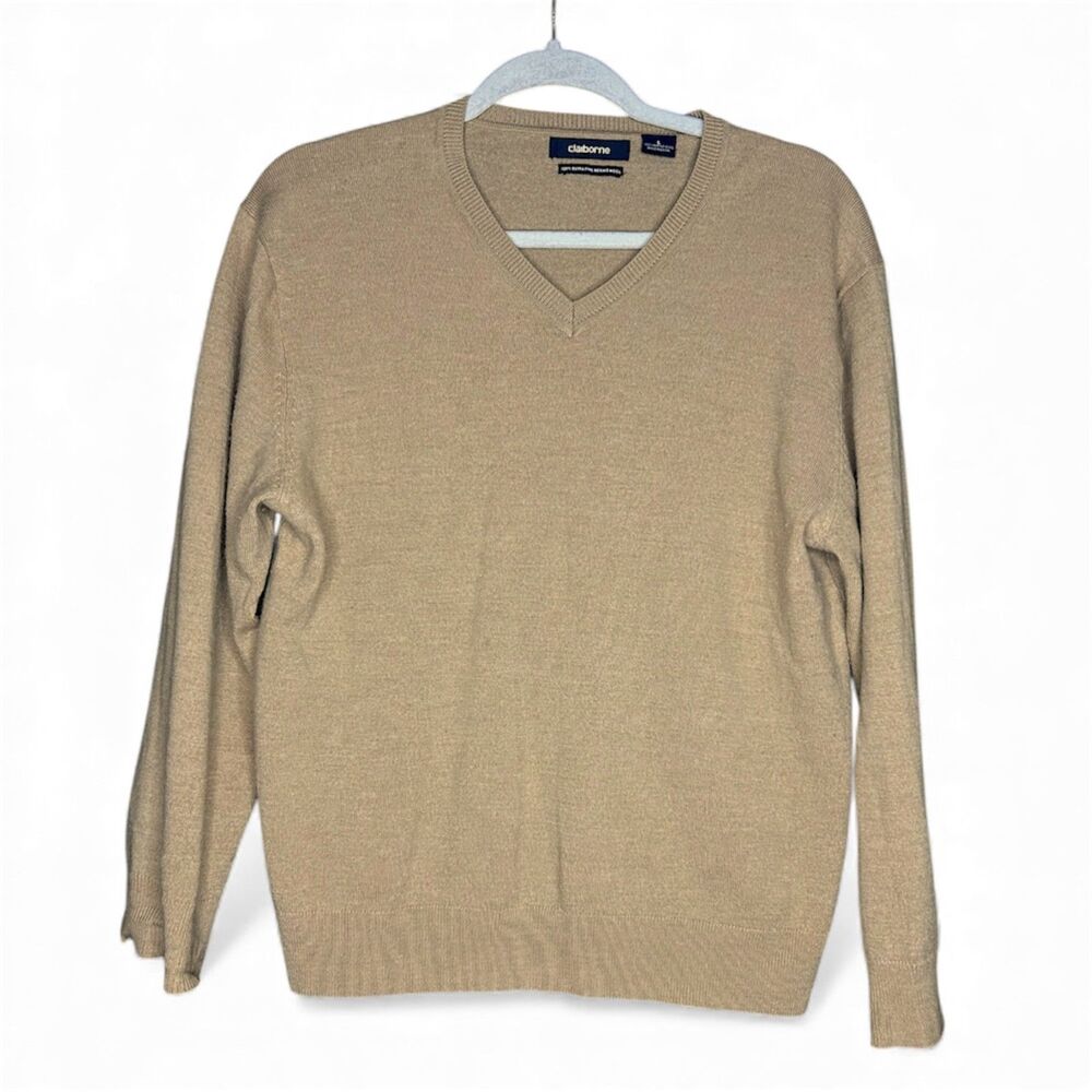 Claiborne Mens Camel 100% Wool Pullover Sweater Sz L Old Money‎ Classic Luxury